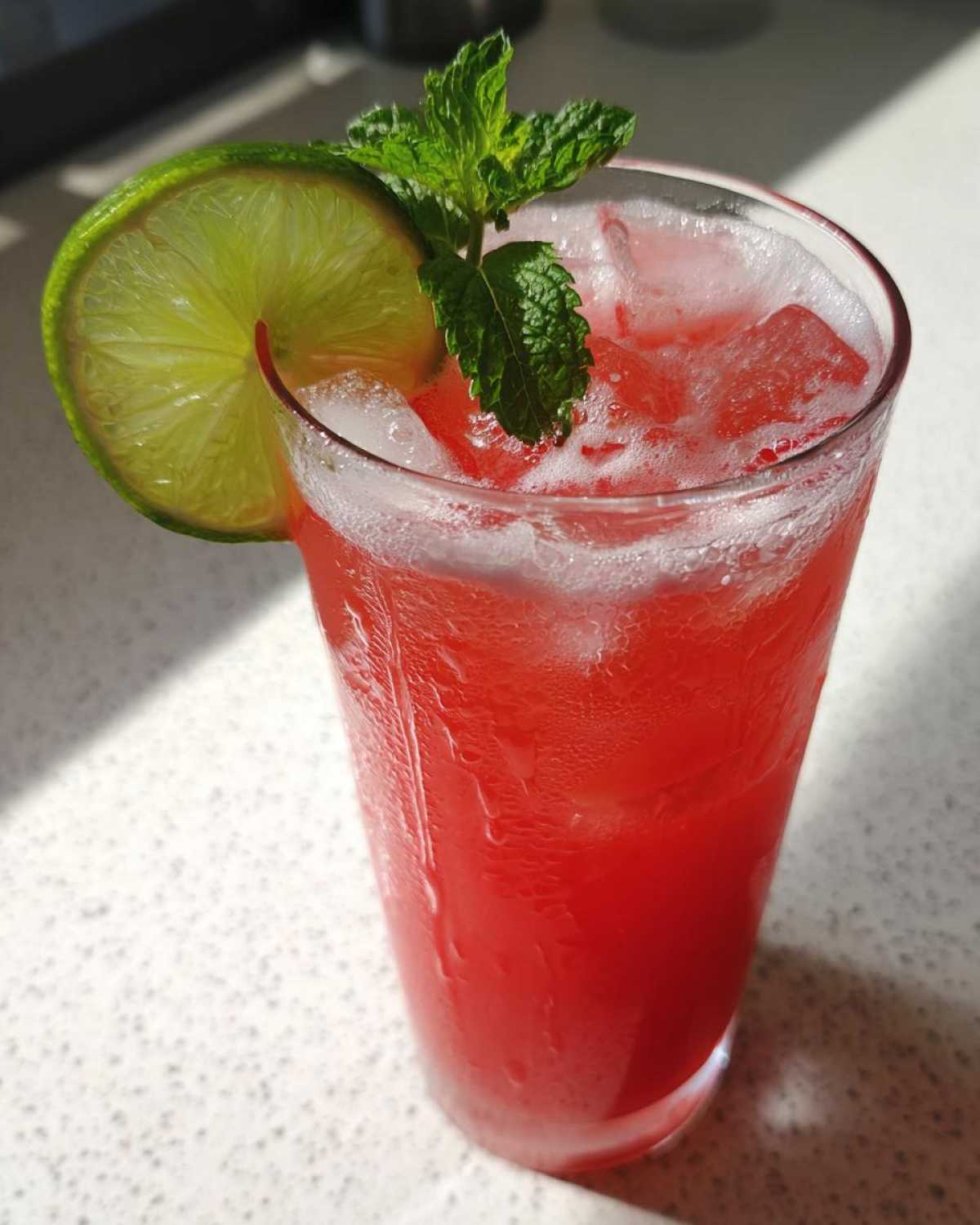 A tall glass filled with a vibrant red Iced Watermelon Lime Cooler, garnished with a lime wheel and fresh mint.
