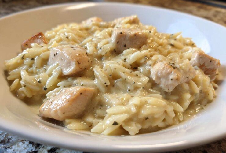 Close-up of a serving of Instant Pot Creamy Chicken and Orzo in a white bowl, featuring tender chicken pieces mixed with orzo pasta in a rich sauce.