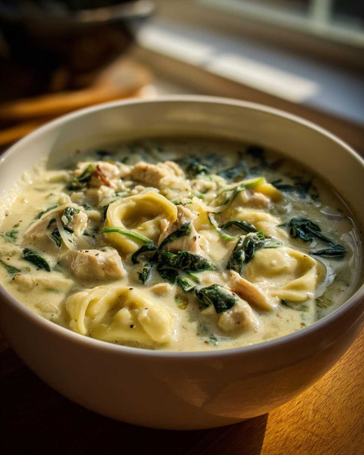Close-up of a white bowl filled with Instant Pot Creamy Chicken Tortellini Soup, featuring tortellini, chicken chunks, and spinach.