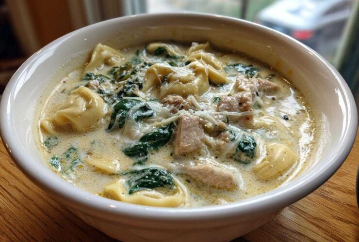 Close-up of a white bowl filled with Instant Pot Creamy Chicken Tortellini Soup, featuring tortellini, chicken chunks, spinach, and cheese.