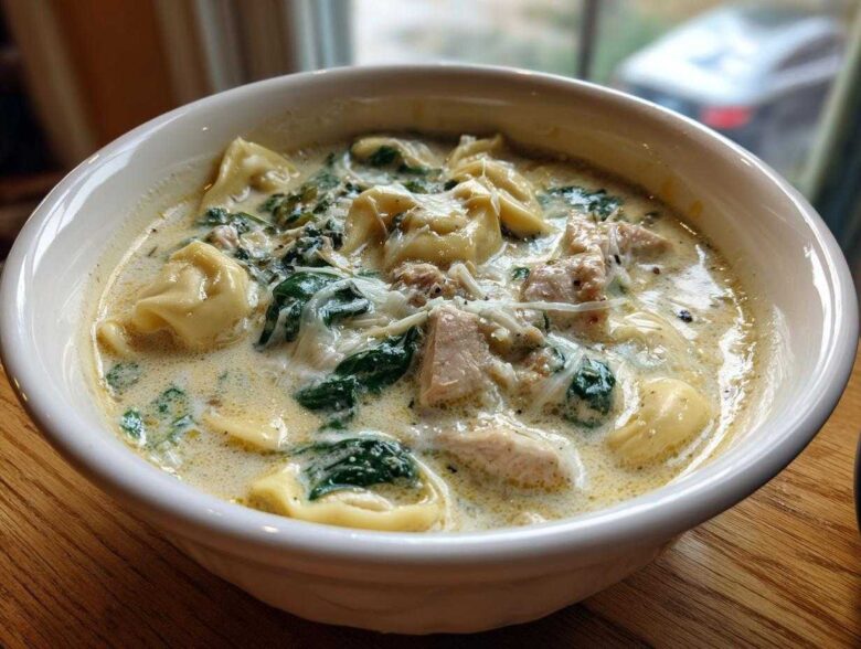 Close-up of a white bowl filled with Instant Pot Creamy Chicken Tortellini Soup, featuring tortellini, chicken chunks, spinach, and cheese.