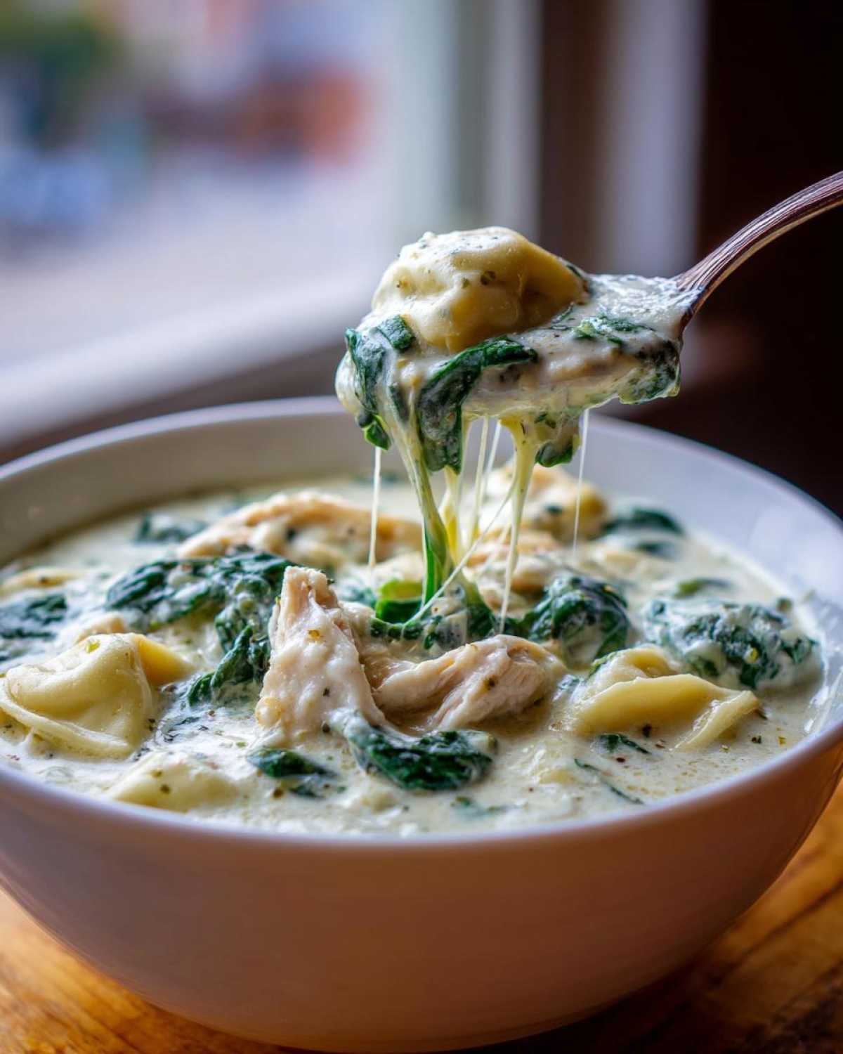A spoonful of Instant Pot Creamy Chicken Tortellini Soup showing cheese pull, chicken, and spinach.