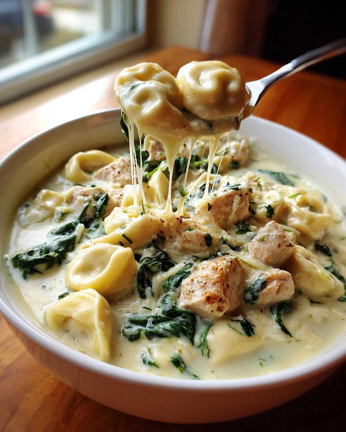 A spoonful of Instant Pot Creamy Chicken Tortellini Soup showing a dramatic cheese pull from the tortellini.