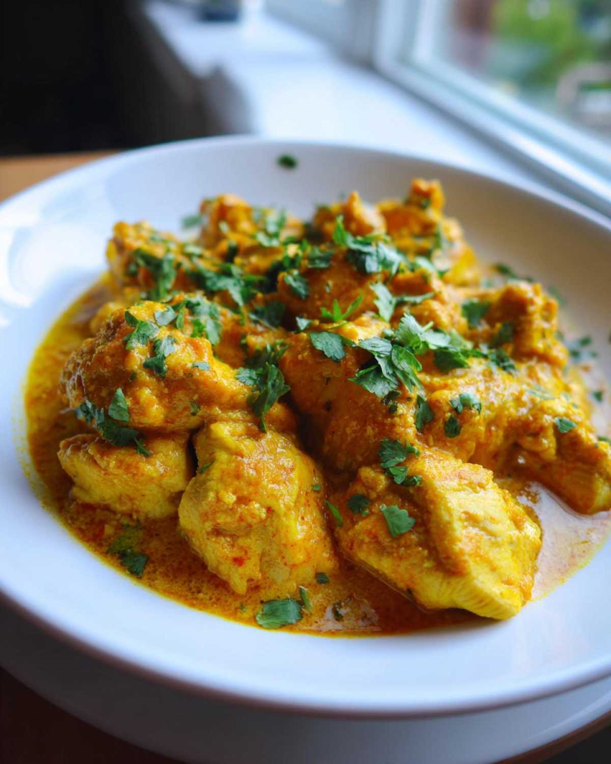 Close-up of vibrant yellow Instant Pot Creamy Coconut Chicken Curry garnished with fresh cilantro.