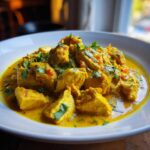 Close-up of vibrant yellow Instant Pot Creamy Coconut Chicken Curry garnished with fresh cilantro.