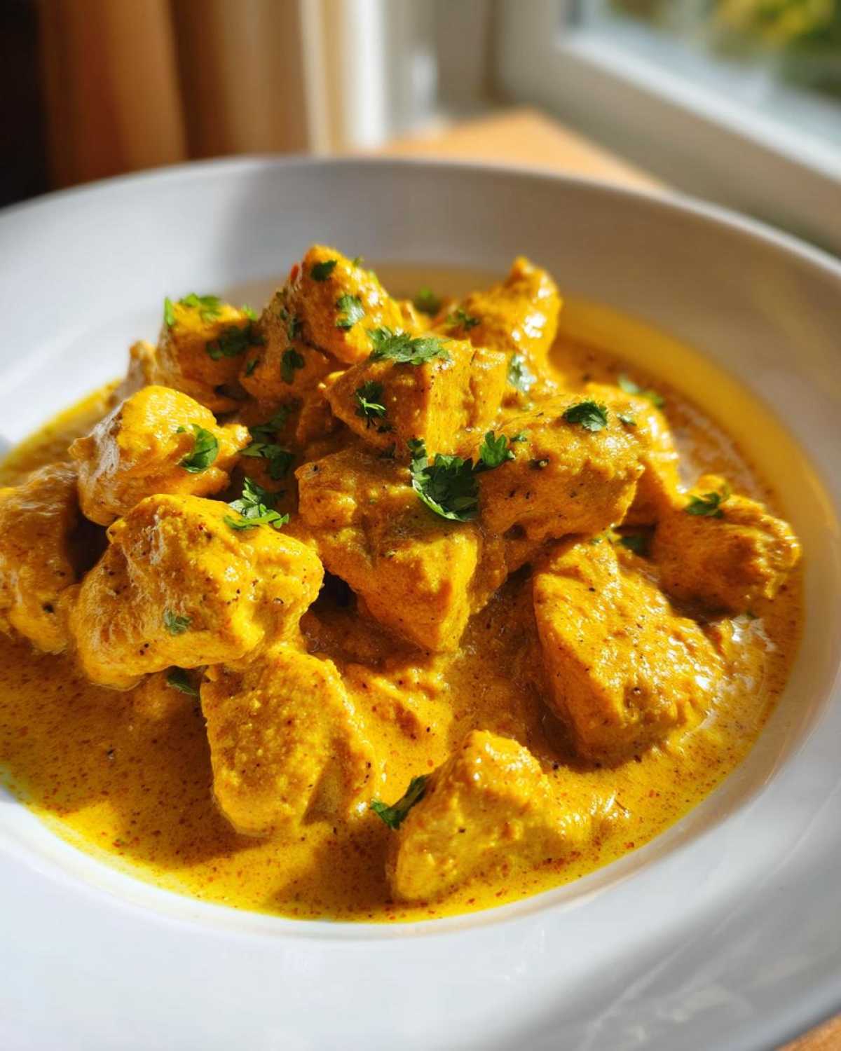 Close-up of tender chicken pieces coated in a vibrant yellow, creamy coconut sauce, garnished with fresh cilantro, ready to eat.