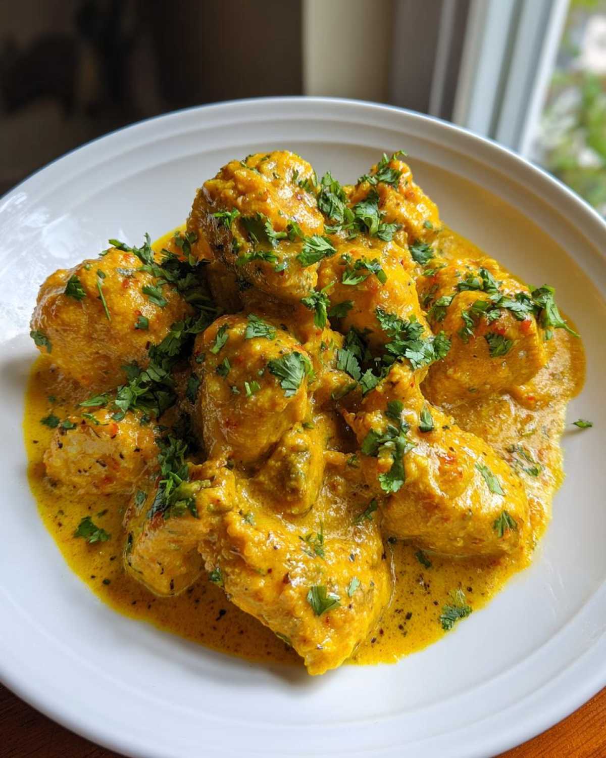 Close-up of tender chicken pieces coated in rich, yellow Instant Pot Creamy Coconut Chicken Curry sauce, garnished with fresh cilantro.
