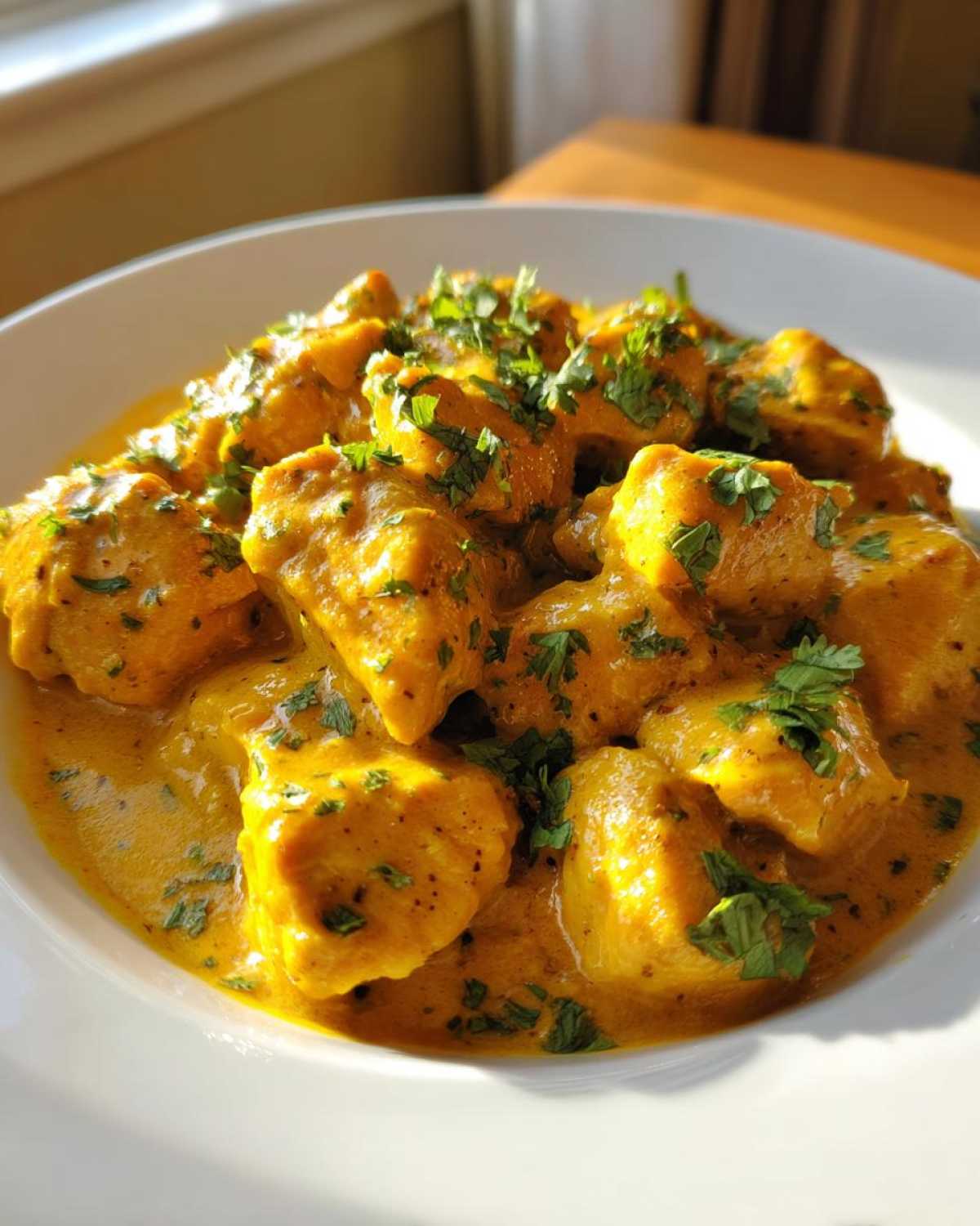 Close-up of tender chicken pieces coated in rich, golden Instant Pot Creamy Coconut Chicken Curry, garnished with fresh cilantro.