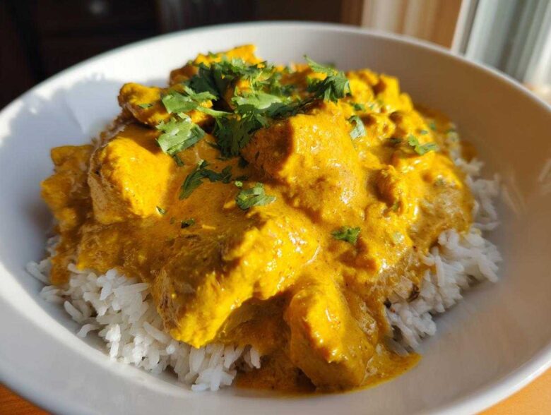 Close-up of Instant Pot Creamy Coconut Chicken Curry served over fluffy white rice and garnished with fresh cilantro.