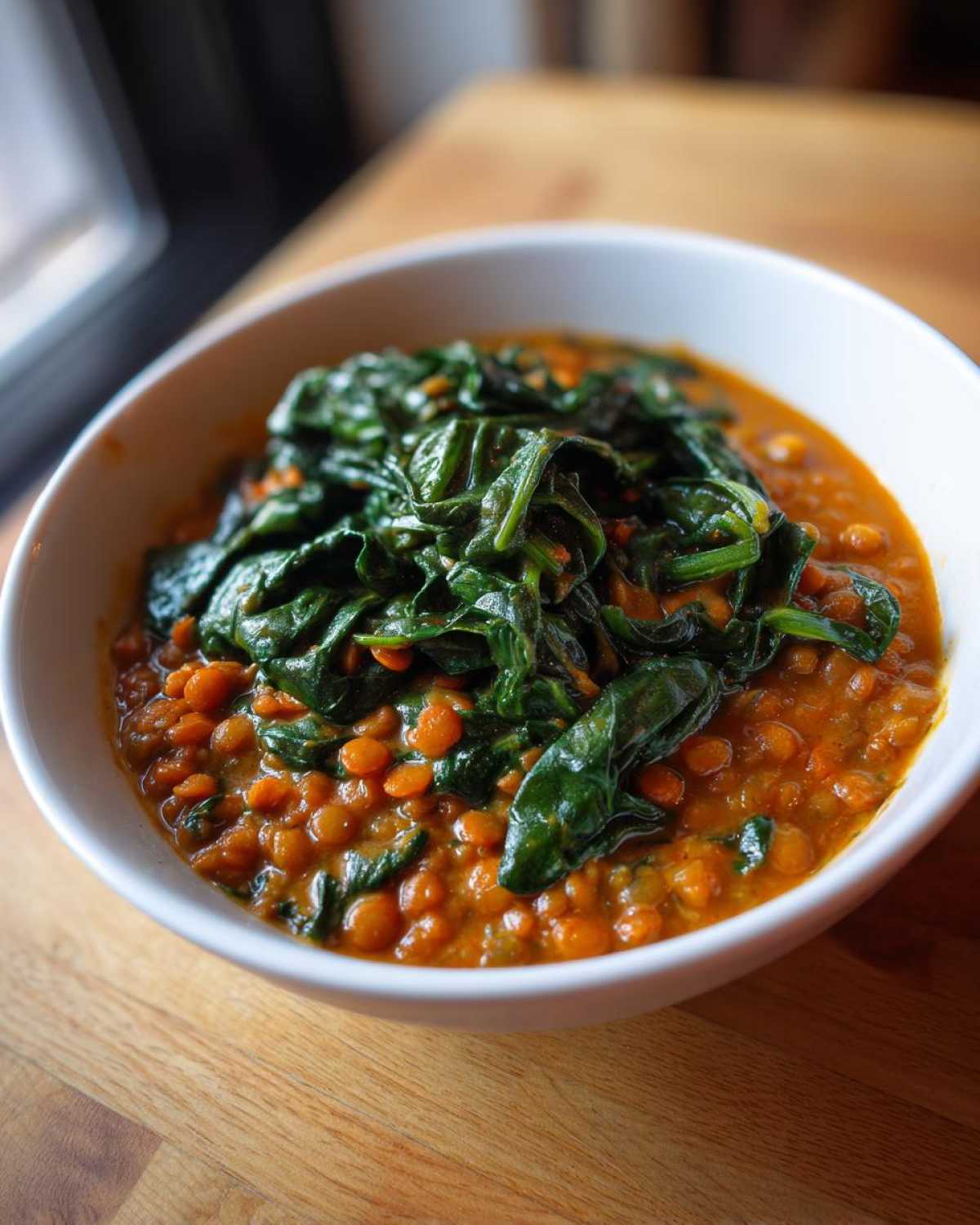A white bowl filled with Instant Pot Creamy Coconut Lentils with Spinach, served on a wooden surface.