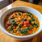 A close-up of Instant Pot Creamy Coconut Lentils with Spinach served in a white bowl on a wooden table.