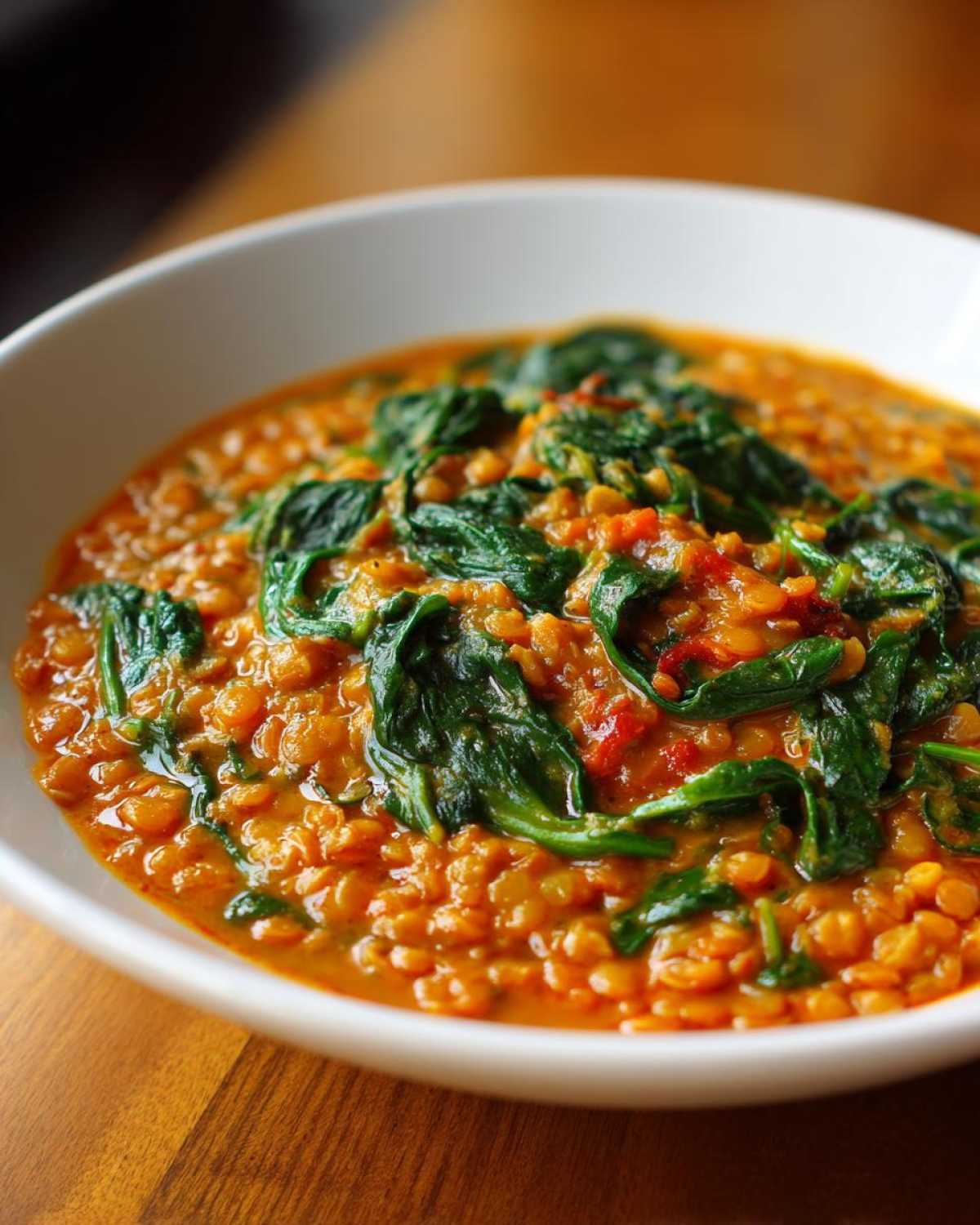 A close-up of a white bowl filled with Instant Pot Creamy Coconut Lentils with Spinach, showing orange lentils and bright green wilted spinach.