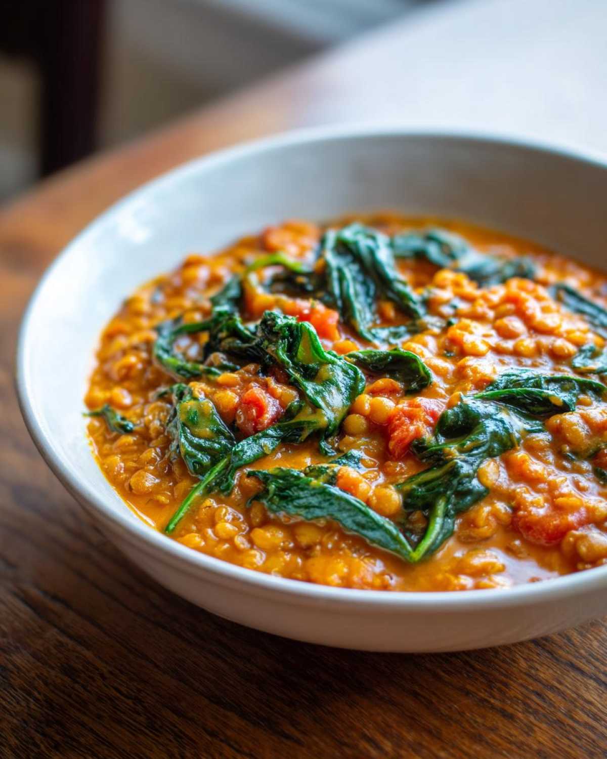 Close-up of a white bowl filled with Instant Pot Creamy Coconut Lentils with Spinach, showing the orange lentils and wilted green spinach.