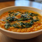 Close-up of a white bowl filled with vibrant orange Instant Pot Creamy Coconut Lentils with Spinach.