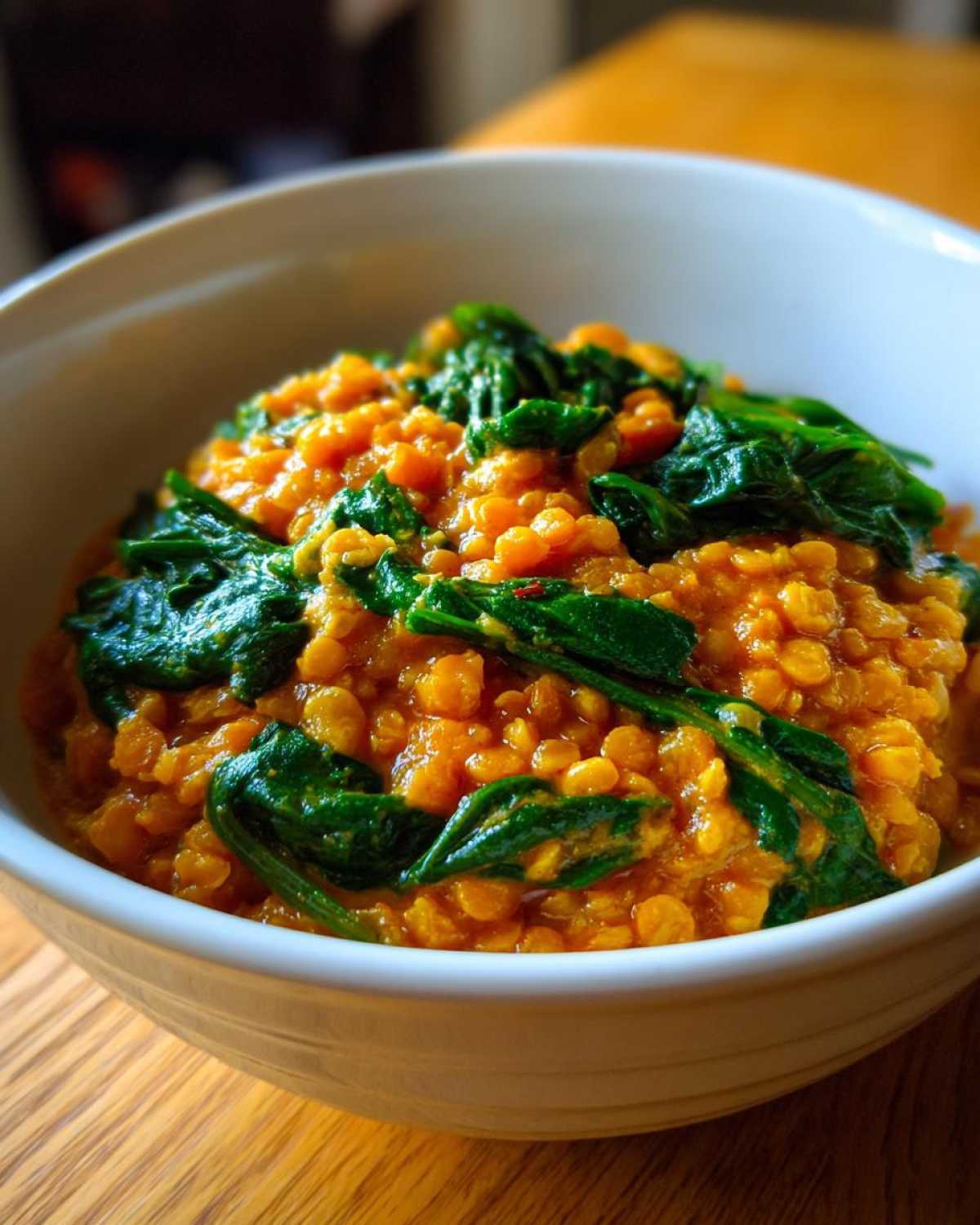 Close-up of a white bowl filled with vibrant orange Instant Pot Creamy Coconut Lentils with Spinach.