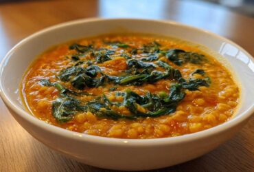 Close-up of a white bowl filled with vibrant orange Instant Pot Creamy Coconut Lentils with Spinach.