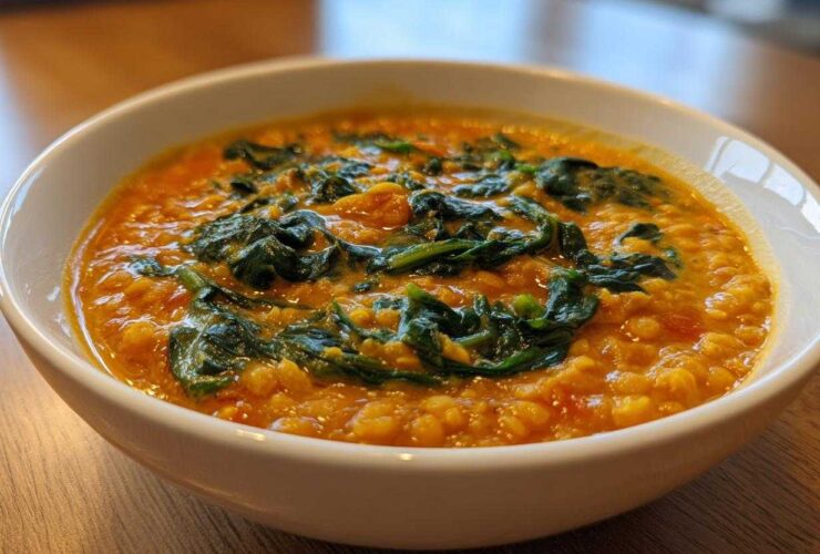 Close-up of a white bowl filled with vibrant orange Instant Pot Creamy Coconut Lentils with Spinach.
