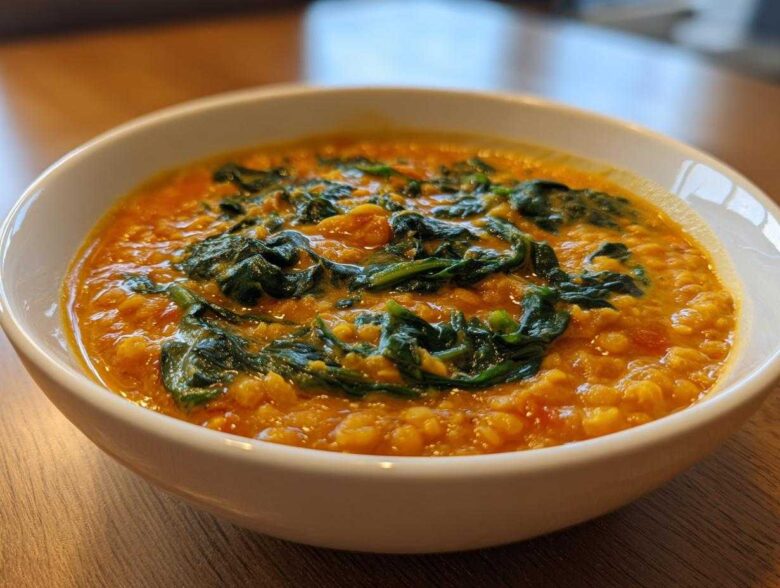 Close-up of a white bowl filled with vibrant orange Instant Pot Creamy Coconut Lentils with Spinach.