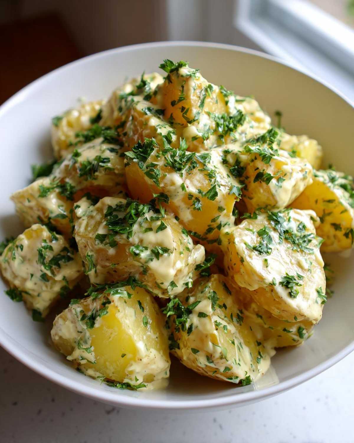 A white bowl filled with Instant Pot Creamy Garlic Butter Potatoes, coated in a rich sauce and topped with fresh parsley.