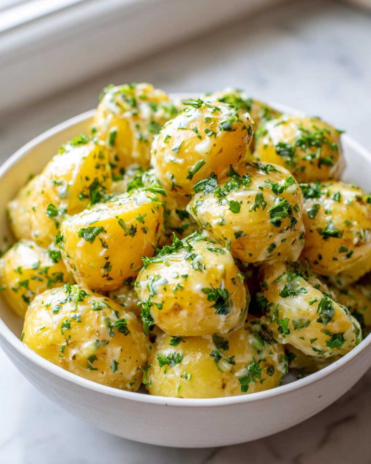 Close-up of small, tender potatoes coated in a creamy garlic butter sauce and topped with fresh parsley, ready to serve.