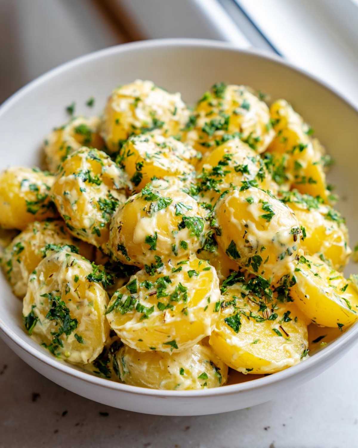 A white bowl filled with Instant Pot Creamy Garlic Butter Potatoes coated in a rich sauce and topped with fresh parsley.