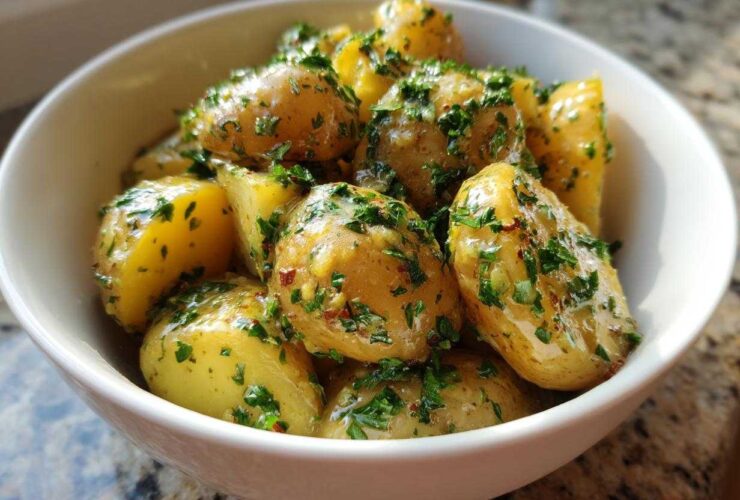 Close-up of tender Instant Pot Creamy Garlic Butter Potatoes coated in butter sauce and fresh parsley.