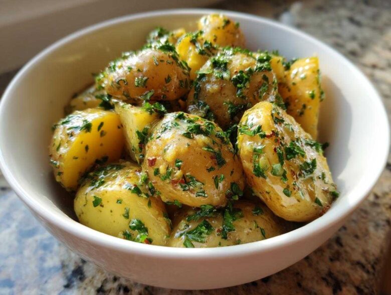 Close-up of tender Instant Pot Creamy Garlic Butter Potatoes coated in butter sauce and fresh parsley.