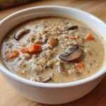 A close-up view of a white bowl filled with creamy Instant Pot Creamy Mushroom Barley Soup, featuring barley, mushrooms, and carrots.