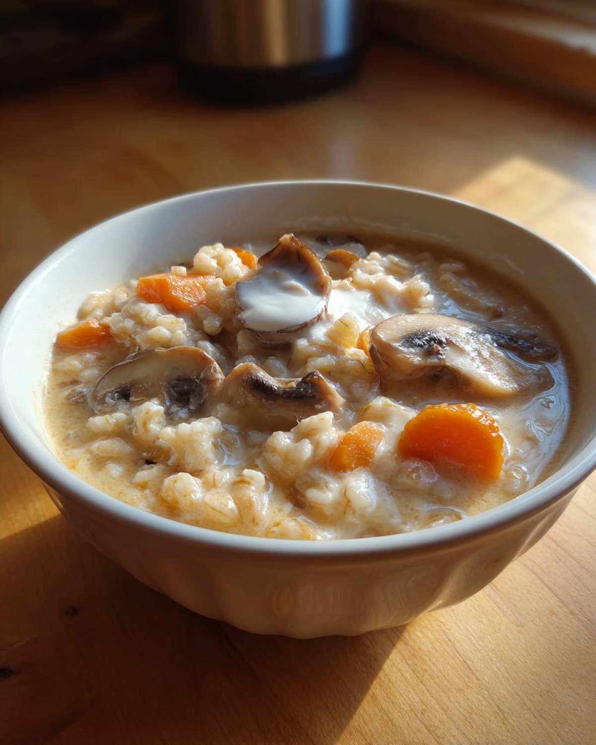 A close-up of a white bowl filled with Instant Pot Creamy Mushroom Barley Soup, featuring barley, mushrooms, and carrots.