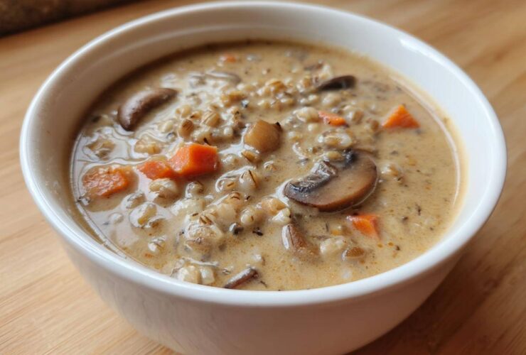 A close-up view of a white bowl filled with creamy Instant Pot Creamy Mushroom Barley Soup, featuring barley, mushrooms, and carrots.