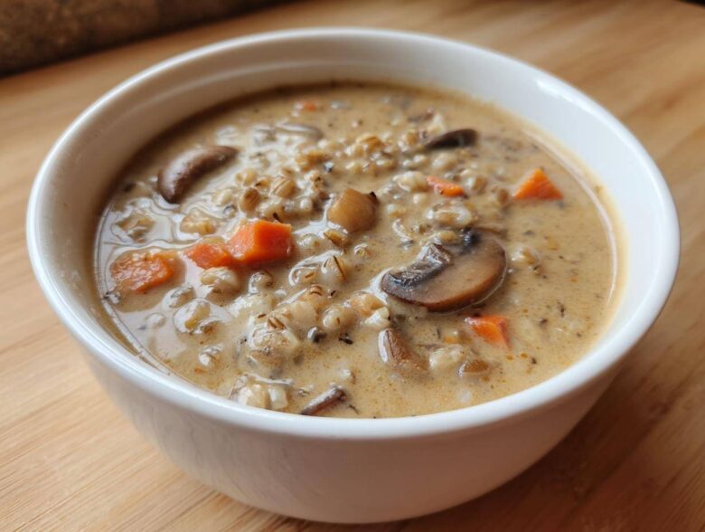 A close-up view of a white bowl filled with creamy Instant Pot Creamy Mushroom Barley Soup, featuring barley, mushrooms, and carrots.