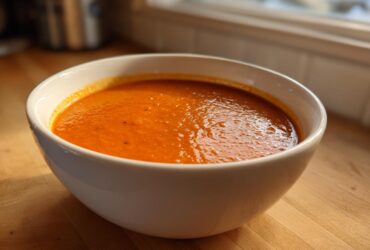 A close-up of a white bowl filled with bright orange Instant Pot Creamy Red Pepper Tomato Soup on a wooden counter.