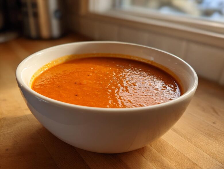 A close-up of a white bowl filled with bright orange Instant Pot Creamy Red Pepper Tomato Soup on a wooden counter.