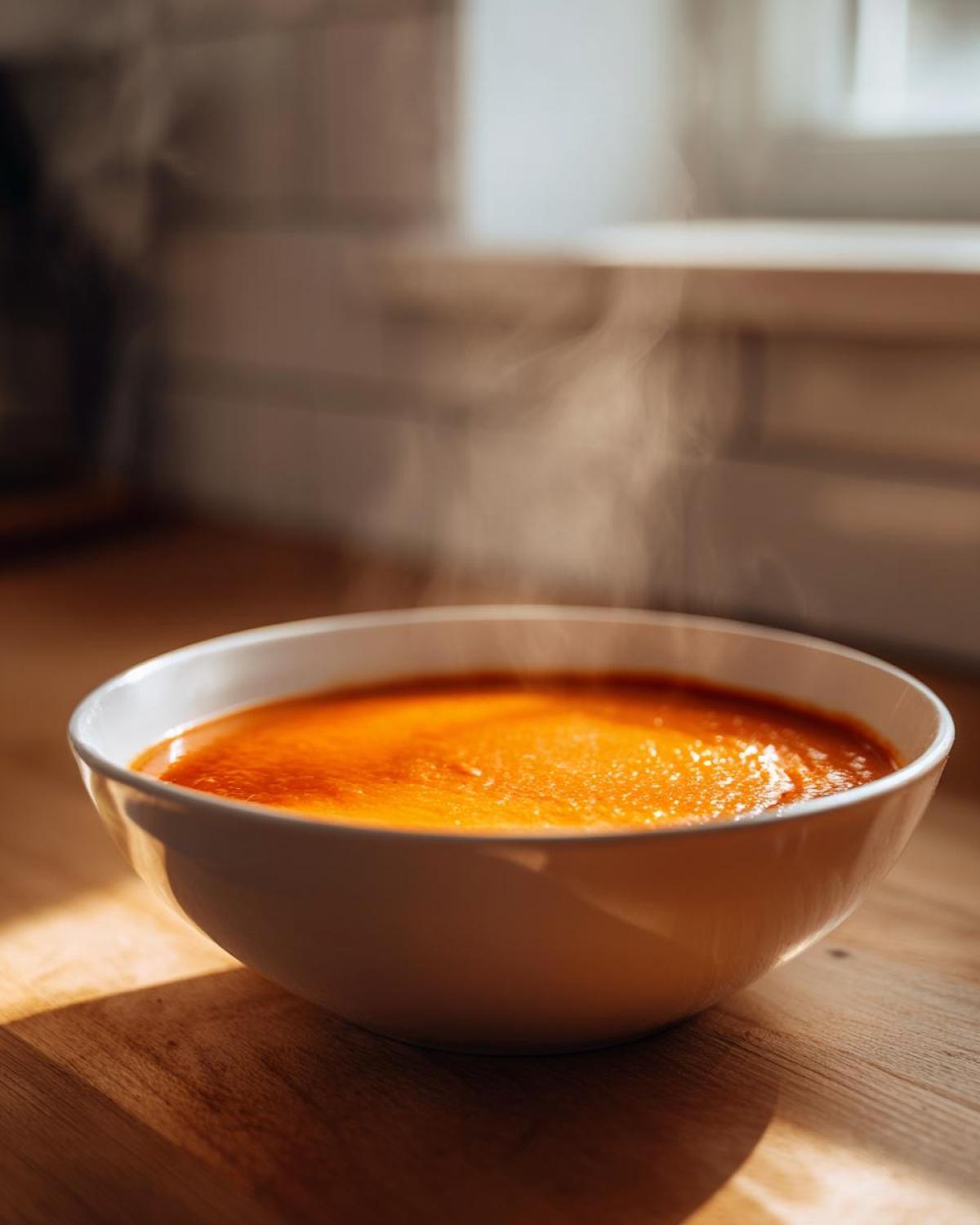 A steaming white bowl filled with vibrant orange Instant Pot Creamy Red Pepper Tomato Soup, sitting on a wooden counter.