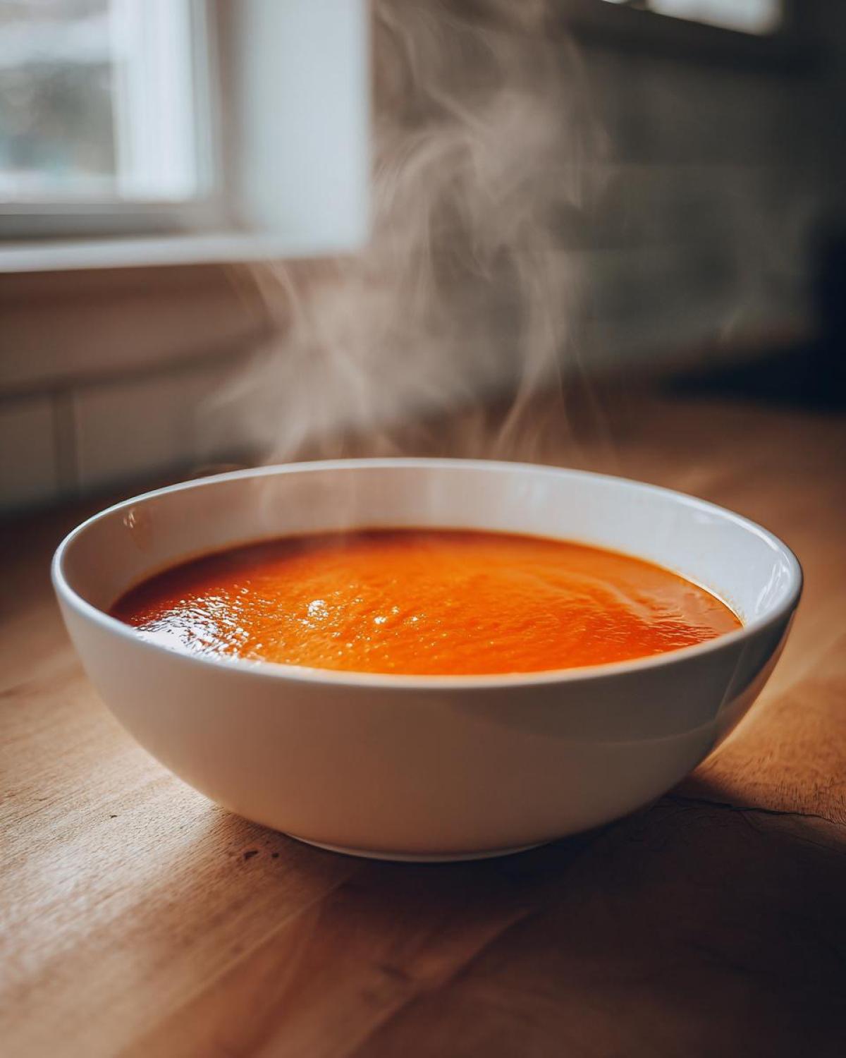 A steaming white bowl filled with vibrant orange Instant Pot Creamy Red Pepper Tomato Soup sitting on a wooden counter.