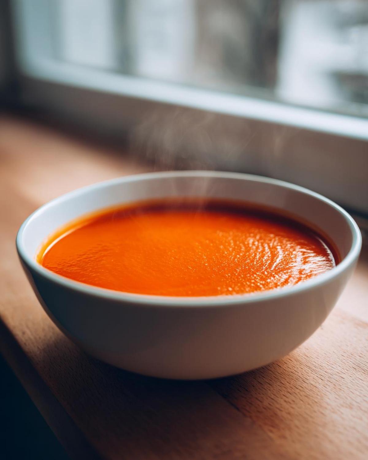 Close-up of a bowl of vibrant orange Instant Pot Creamy Red Pepper Tomato Soup steaming on a wooden surface.