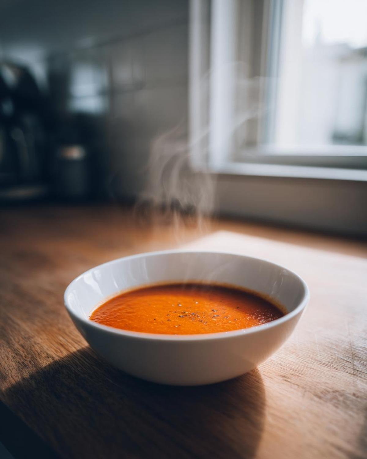 A bowl of hot, steaming Instant Pot Creamy Red Pepper Tomato Soup garnished with pepper on a wooden counter.