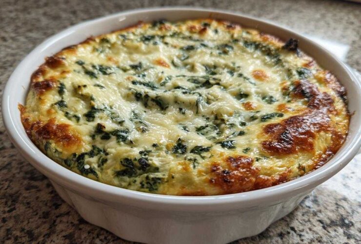 A close-up of hot Instant Pot Creamy Spinach Artichoke Dip with a golden-brown, bubbly cheese top in a white serving dish.