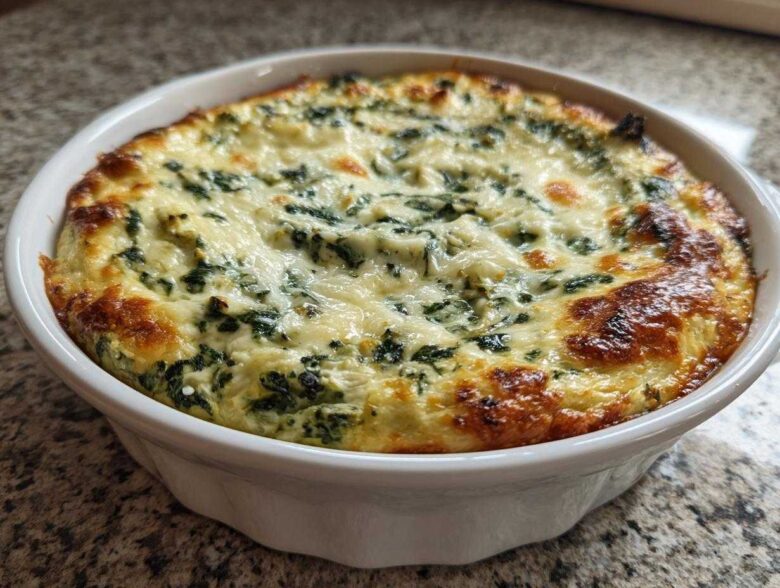 A close-up of hot Instant Pot Creamy Spinach Artichoke Dip with a golden-brown, bubbly cheese top in a white serving dish.