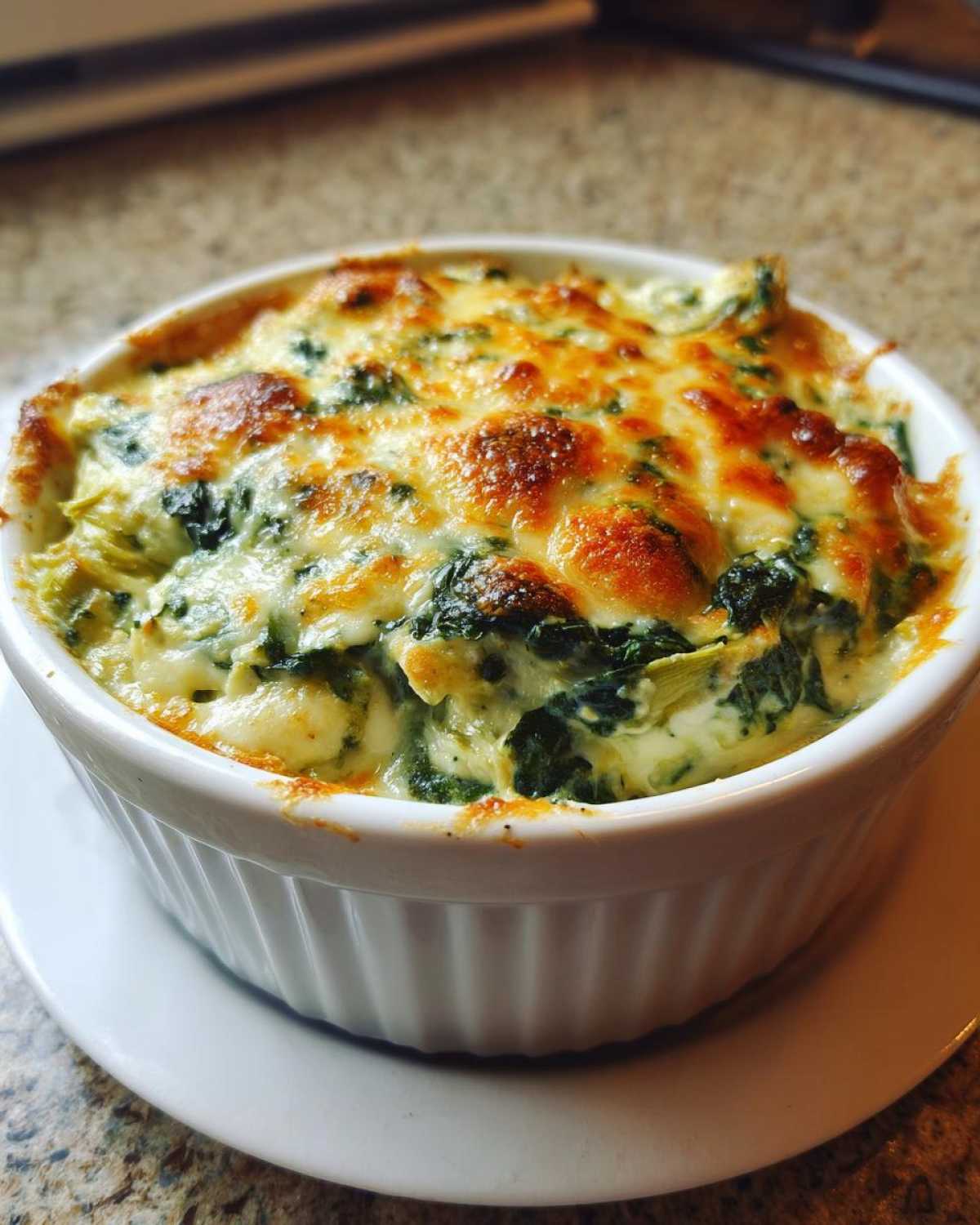 Close-up of hot Instant Pot Creamy Spinach Artichoke Dip with a bubbly, browned cheese topping in a white ramekin.