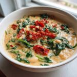 Close-up of a white bowl filled with Instant Pot Creamy Tuscan White Bean Soup, topped with spinach and sun-dried tomatoes.