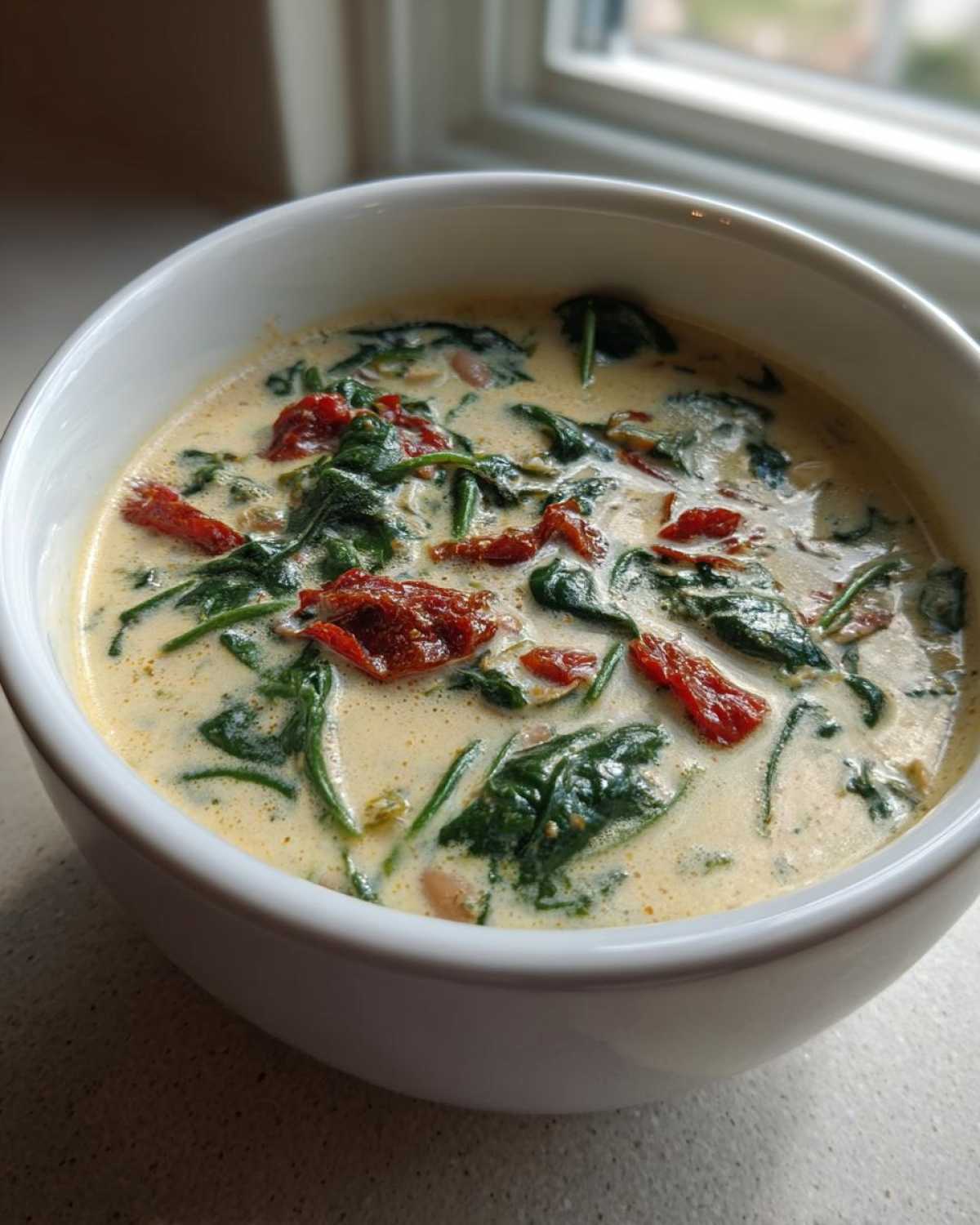Close-up of a white bowl filled with Instant Pot Creamy Tuscan White Bean Soup, featuring spinach and sun-dried tomatoes.