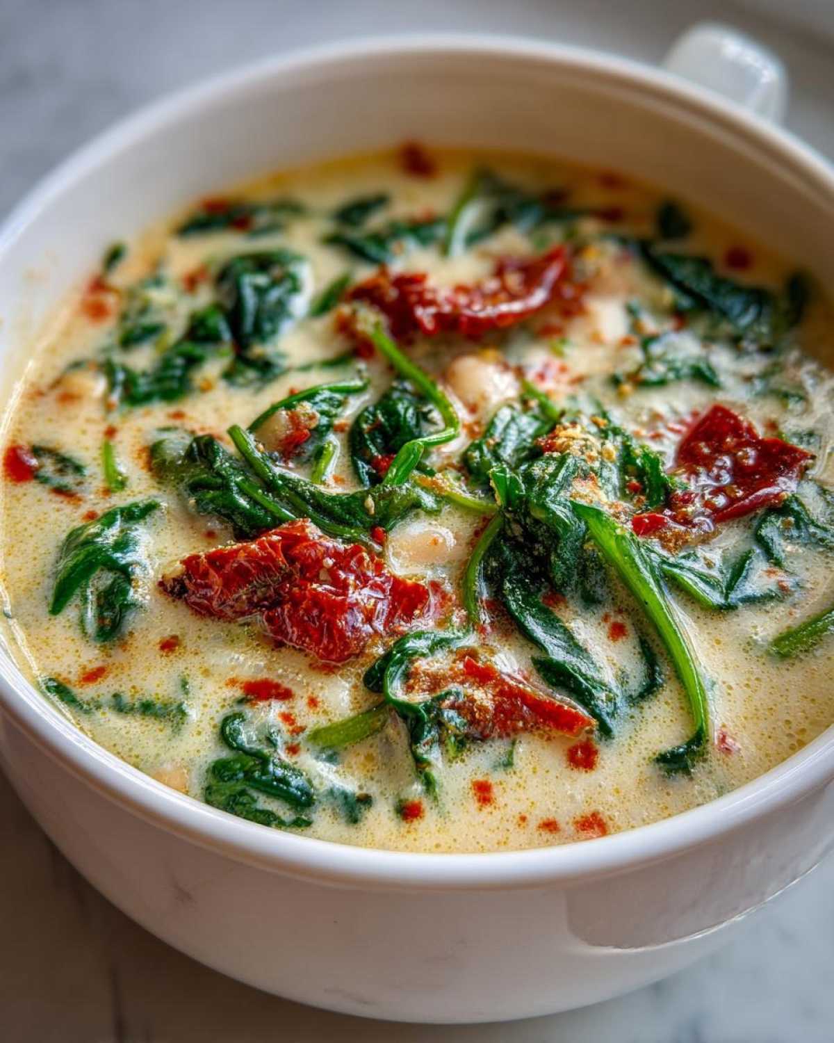 A close-up of a white bowl filled with Instant Pot Creamy Tuscan White Bean Soup, featuring spinach and sun-dried tomatoes.