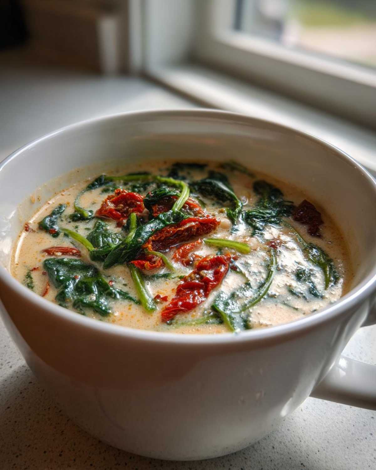 Close-up of Instant Pot Creamy Tuscan White Bean Soup with spinach and sun-dried tomatoes in a white mug.