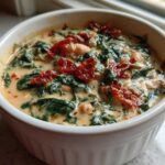 A close-up of a white bowl filled with Instant Pot Creamy Tuscan White Bean Soup, featuring spinach and sun-dried tomatoes.