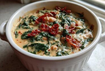 A close-up of a white bowl filled with Instant Pot Creamy Tuscan White Bean Soup, featuring spinach and sun-dried tomatoes.