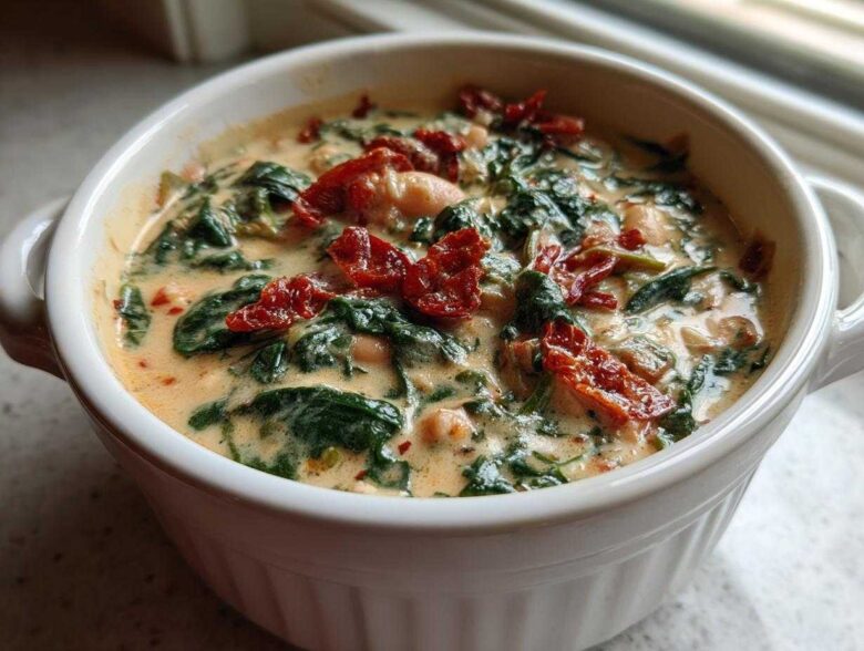 A close-up of a white bowl filled with Instant Pot Creamy Tuscan White Bean Soup, featuring spinach and sun-dried tomatoes.