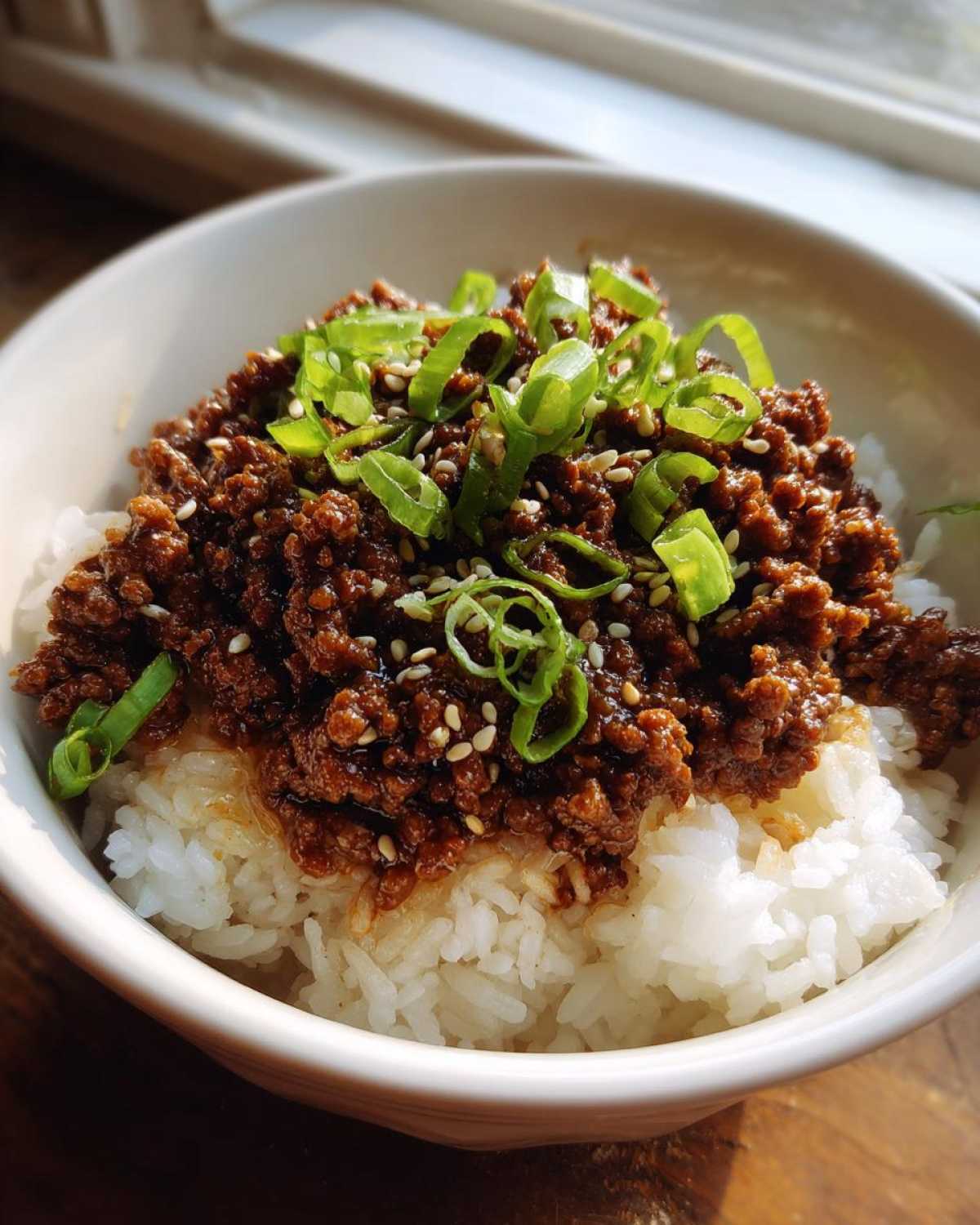 Close-up of a white bowl filled with white rice topped with saucy Instant Pot Korean Beef and garnished with green onions and sesame seeds.
