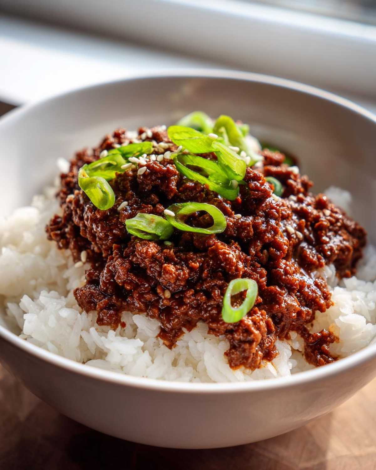 A close-up of Instant Pot Korean Beef and Rice Bowls, featuring savory ground beef over white rice, topped with green onions and sesame seeds.