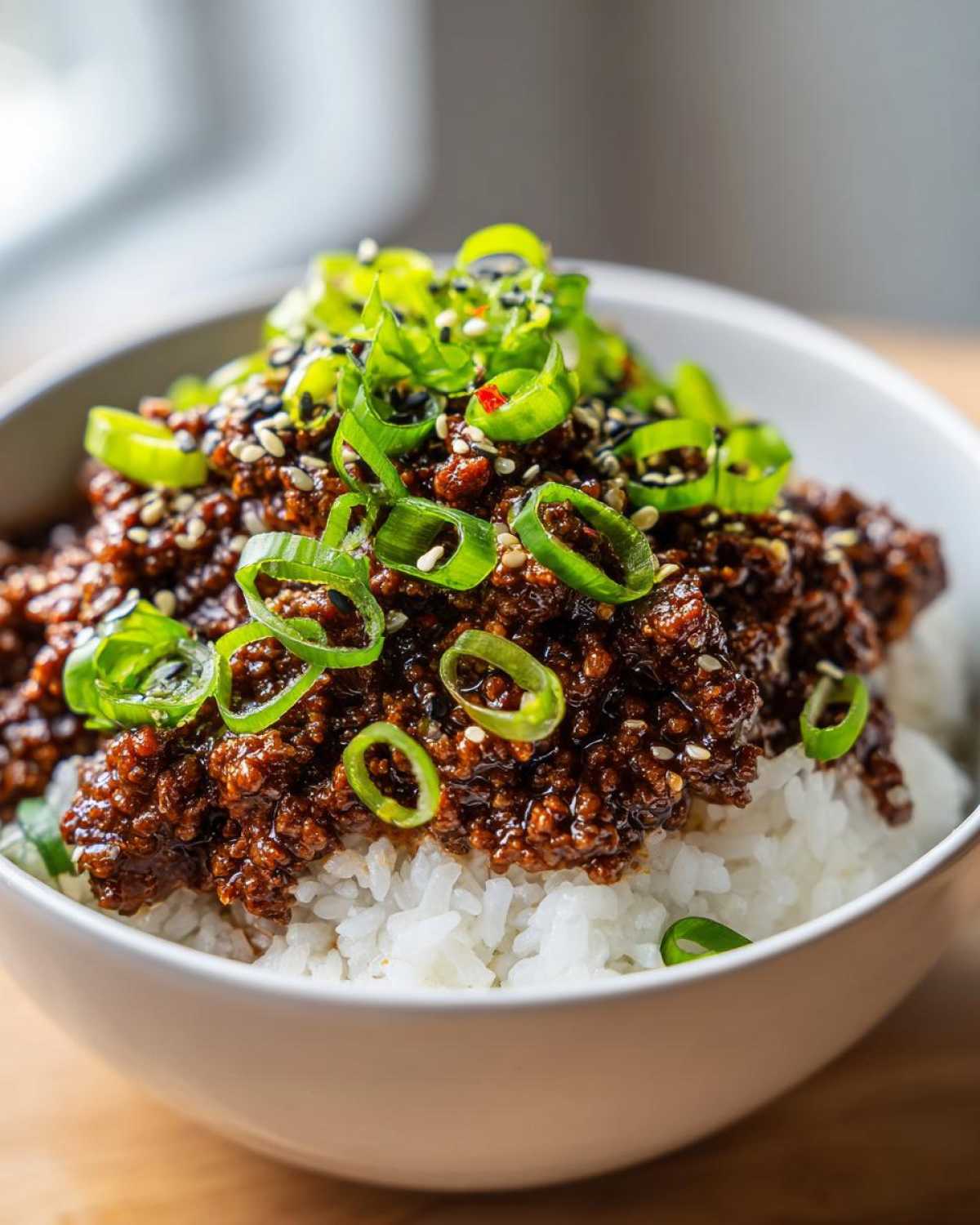 Close-up of Instant Pot Korean Beef and Rice Bowls topped with green onions and sesame seeds.